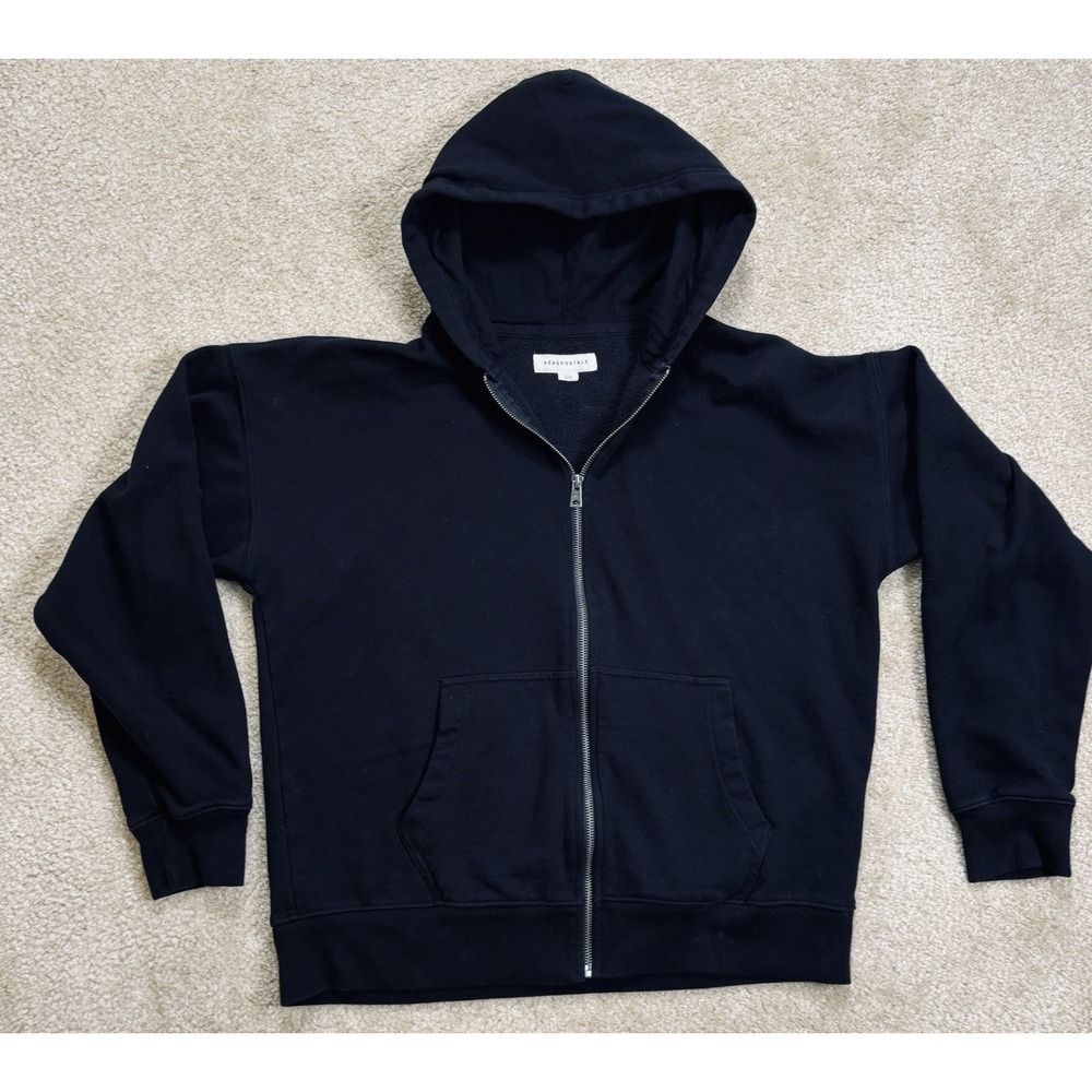 Aeropostale Full Zip Black Mens Hoodie Medium Sweatshirt Grunge Classic